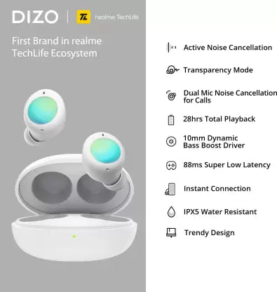 DIZO by realme TechLife GoPods Neo with Active Noise Cancellation(ANC) Bluetooth Headset (Aurora, True Wireless) DIZO by realme TechLife GoPods Neo with Active Noise Cancellation(ANC) Bluetooth Headset (Aurora, True Wireless)